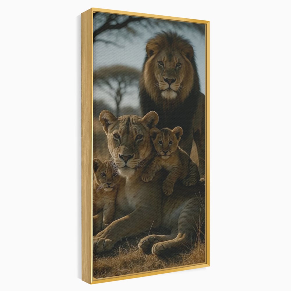 Tablou canvas cu tablou canvas cu familie de lei in savana, in rama de aluminiu auriu